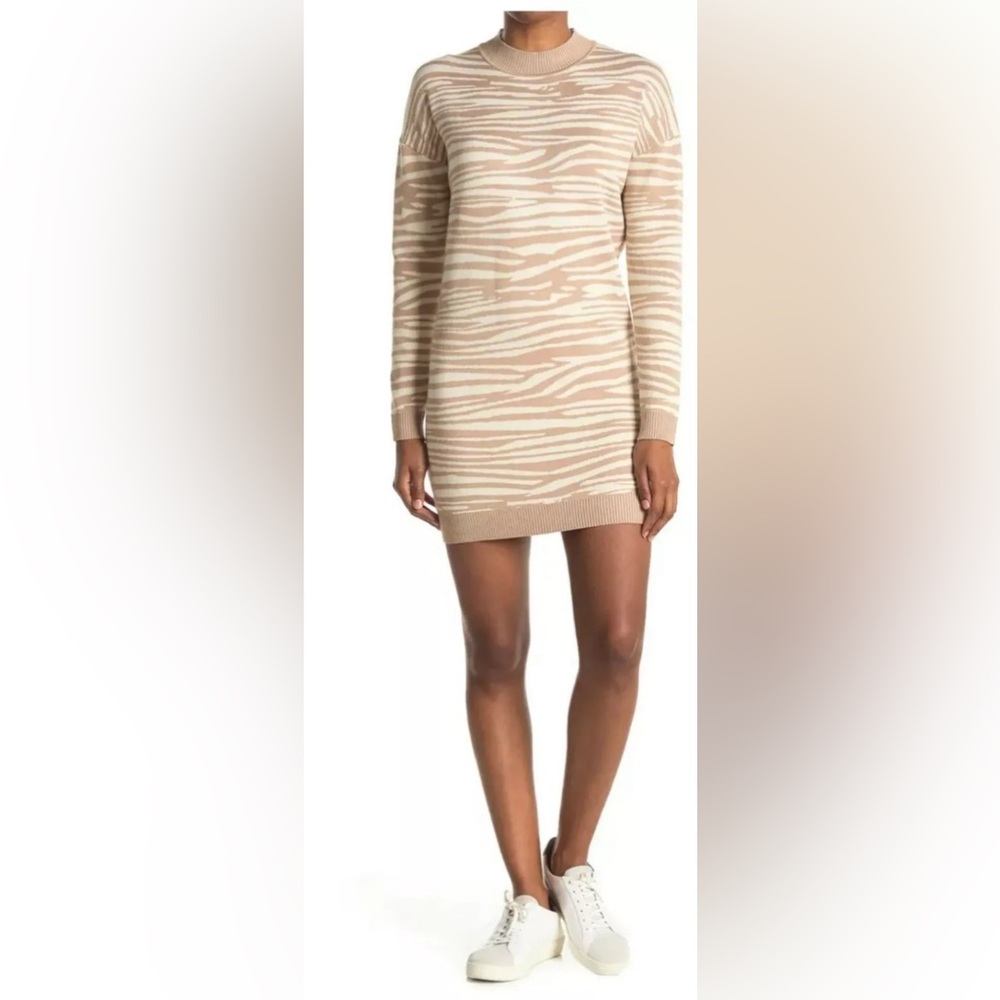 NEW WAYF Intarsia Zebra Print Sweater Dress Beige Animal Print Size XL